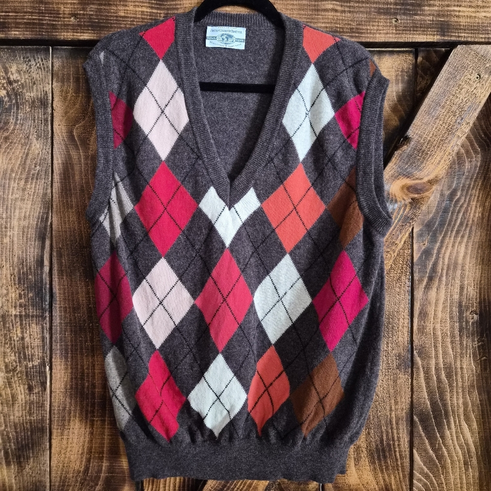 Benetton Italy Argyle Lambswool Sweater Vest Mens V Neck Preppy